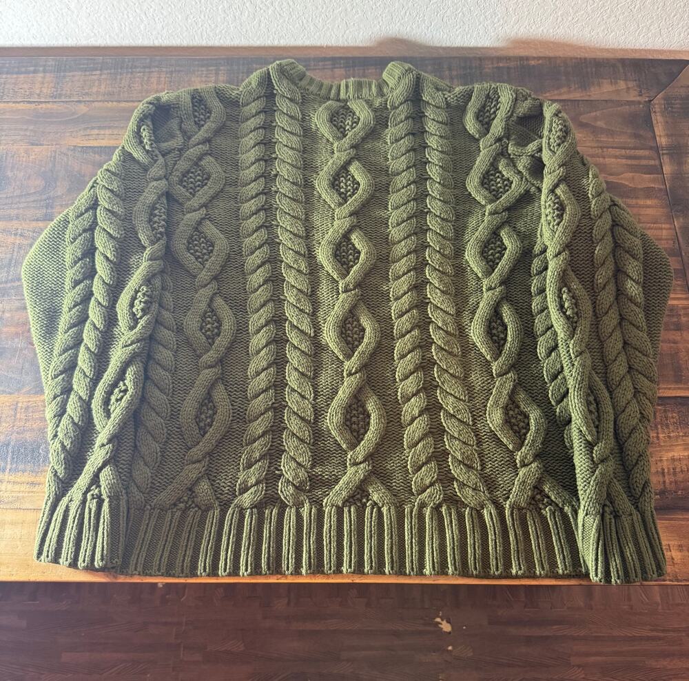 Express Women’s XL Olive Green Chunky Cable Knit Sweater Fisherman Crewneck